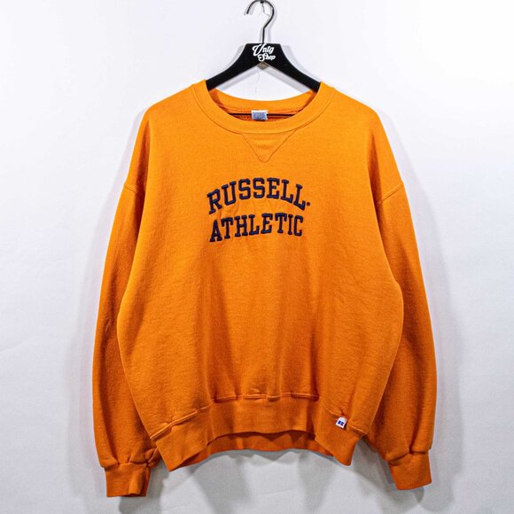 Russell Athletic Spell Out Crewneck Sweatshirt Embroidered XL VTG 90s Orange - Picture 1 of 8